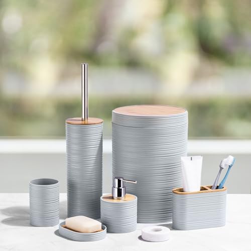 CERBIOR Bamboo Bathroom Accessories Set 6 Piece Spiral Bath Ensemble,Grey | Includes Soap Dispenser, Toothbrush Holder, Toothbrush Cup, Soap Dish for Decorative Countertop and Housewarming Gift - style: Grey
