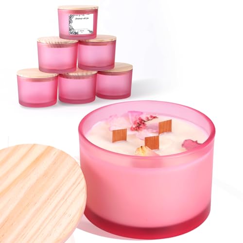 6 Pack Glass Candle Jars with Lids (16oz, Frosted Pink) - Large Candle Jars for 3 Wick Candles Making - Empty Candle Jars Containers - Candle Making Accessories Include 16Pcs Candle Labels - color: Frosted Pink
