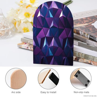 Personalized Purple Geometric Book Ends for Shelves, Large Heavy Duty Wooden Bookends with Non-Skid Metal Base Book Holder Decorative Book Stopper for Home Office Supplies 1 Pair