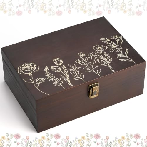 Marsui Wildflower Wooden Keepsake Box, 10.6 x 7.7 x 3.9 Inch Decorative Memory Box with Hinged Lid for Crafts Photos Letters Cards Jewelry Storage, Rustic Floral Gift Boxes for Women Wedding Birthday