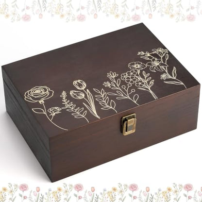 Marsui Wildflower Wooden Keepsake Box, 10.6 x 7.7 x 3.9 Inch Decorative Memory Box with Hinged Lid for Crafts Photos Letters Cards Jewelry Storage, Rustic Floral Gift Boxes for Women Wedding Birthday