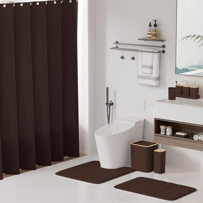 XLHOMO Bathroom Accessories Set - 25PC Brown Bathroom Set, Bathroom Set with Shower Curtain and Rugs, Brown Shower Curtain Set, Toilet Brush, Bathroom Trash Can - size: Bath Set+Shower Curtain+Rugs, style: Brown