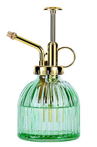 Glass Plant Mister Spray Bottle, 6.5" Green Glass Water Spray Bottle with Gold Top Pump Small Watering Can, Small Plant Sprayer Mister for Indoor Outdoor House (Green+Gold A) - style: Green+Gold A