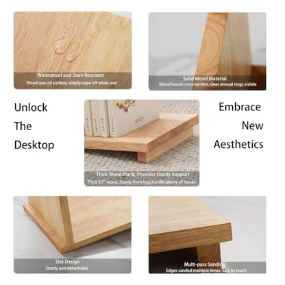 Solid Wood Desktop Bookshelf Organizer for Home Office & Student Desk – Natural Rubberwood Book Holder with Adjustable Shelves & Metal Bookmarks, Minimalist Design (Yellow)”