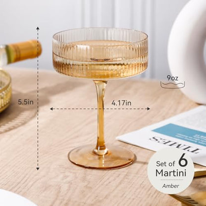 Amber Coupe Glasses Set of 6 |9 oz martini Glasses |Amber Cocktail Glasses Set,Champagne Coupe Glasses for Margarita, Bar,Dessert Glass - color: Amber