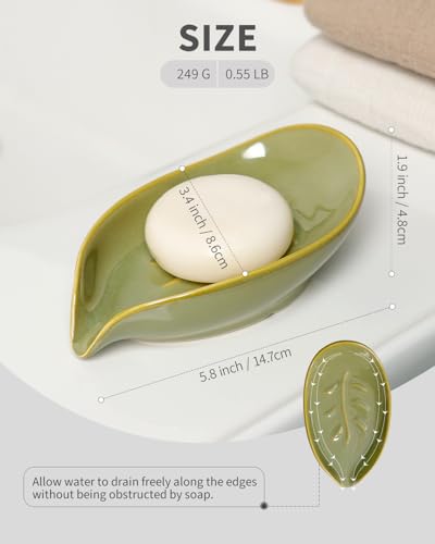 Soap Holder, Self-Draining Soap Dish, Leaf Shape Ceramic Bar Soap Holder Drain Soap Dishes for Bathroom Sink Kitchen, Easy to Clean Keeps Soap Dry, Olive Green, ANTIS'S HOME - color: Green-enhanced Drainage-1pcs