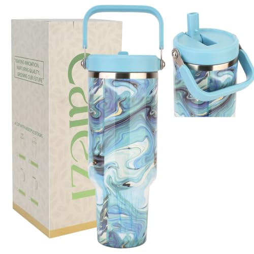 40 oz Insulated Tumbler with Top Handle and Flip Straw | Vacuum Insulated Stainless Steel Cup with Leak-Proof Lid, Sweat-Free, Fits Cup Holder, Keeps Ice Cold up to 30 Hours - color: Azure, size: 40 Ounces