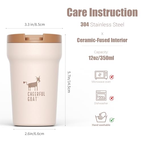CHEERFUL GOAT Ceramic Lined Coffee Mug – Stainless Steel Travel insulated Tumbler with Ceramic Liner, with lid 12oz Leak Proof Cup for Hot and Cold Water Coffee at Home, Office, or In the Car (Coffee) - color: Coffee