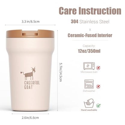 CHEERFUL GOAT Ceramic Lined Coffee Mug – Stainless Steel Travel insulated Tumbler with Ceramic Liner, with lid 12oz Leak Proof Cup for Hot and Cold Water Coffee at Home, Office, or In the Car (Coffee) - color: Coffee