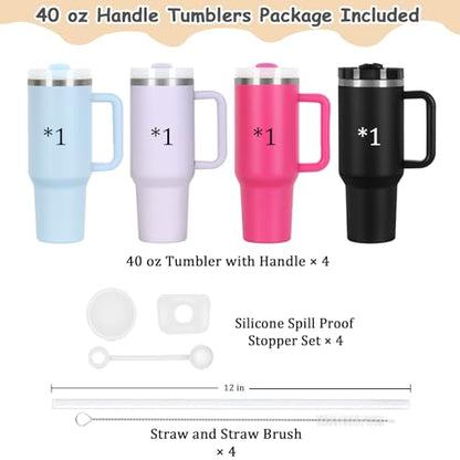 4 Pack 40 Oz Tumblers with Handle Bulk, Double Wall Vacuum Insulated Stainless Steel Tumblers with Lid and Straw, 40 oz Cups with Silicone Spill Proof Stopper Set (Black,Sky Blue,Purple,Hot Pink) - color: Black,Sky Blue,Purple,Hot Pink