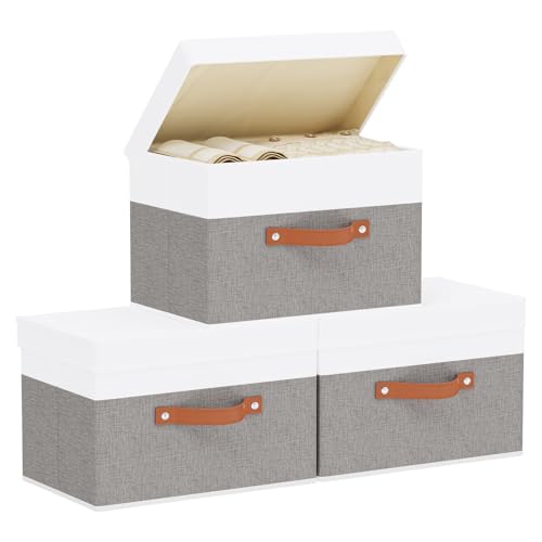 Storage Bins with Lids,White/Grey Baskets,3Pack,15x9.8x9.8In | Storage Baskets with Handles,Fabric Clothing Boxes, Collapsible Organizer,Closet Container Cubes for Shelves Wardrobe - color: White/Grey, size: 15x9.8x9.8in(3-Pack)