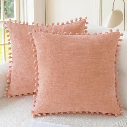 CaliTime Decorative Couch Throw Pillow Covers 16 X 16 Inches Dusty Pink | Pack of 2, Cozy Chenille Cushion Cases, with Pom Poms for Sofa Bed Living Room Farmhouse Home - color: Dusty Pink, size: 16" x 16" (Pack of 2)