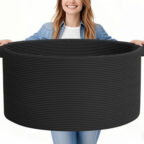 125L Extra Large Blanket Basket, 25" x 16" | Jumbo Laundry Woven Baskets Decorative Home, Cotton Rope Basket with Handles, Baby Toy Baskets for Storage, Black - color: black, size: 1 Pack