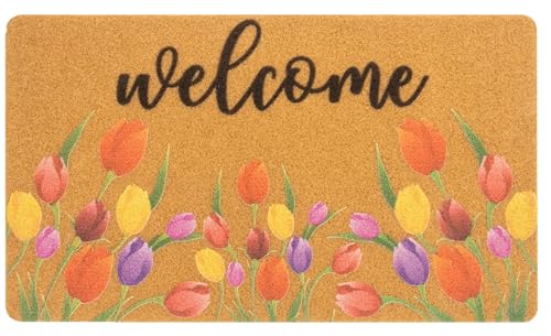 Spring Welcome Door-Mats Floral Coir Doormats - 30"x17"Non Slip Large Indoor Colorful Welcome Doormat for Entryway Outside Yard Home Decoration - color: Red Flower