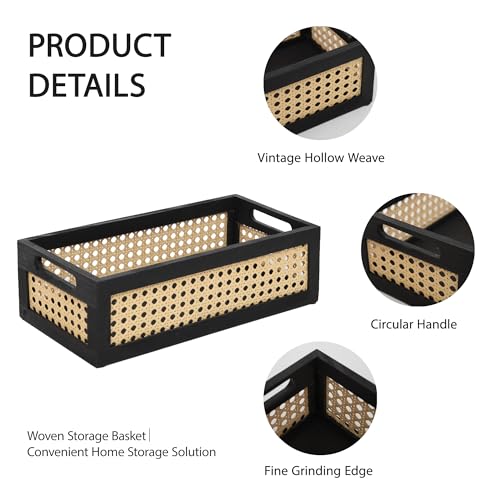 Wood Storage Basket, Small Rattan Storage Box with Handles for Bathroom Kithen Office Desk