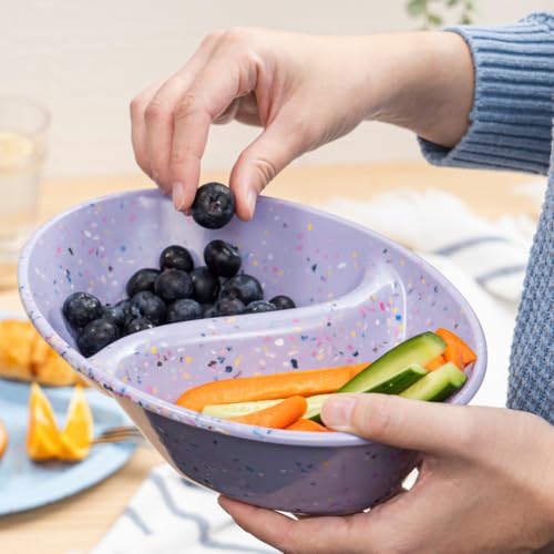 Confetti Divided Bowl Set of 2, 100% Melamine BPA-Free Stackable Unbreakable Bowls with Two Compartments, Ideal for Snacks, Chips & Dips, Cereal, Dishwasher-Safe Color: Purple - color: Confetti Purple