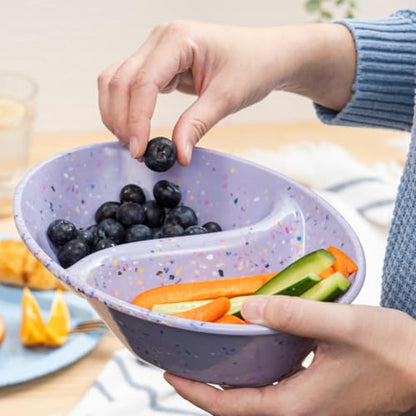 Confetti Divided Bowl Set of 2, 100% Melamine BPA-Free Stackable Unbreakable Bowls with Two Compartments, Ideal for Snacks, Chips & Dips, Cereal, Dishwasher-Safe Color: Purple - color: Confetti Purple