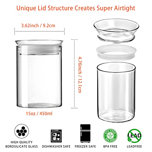 ZENS 15oz Glass Jars with Airtight Lid, Set of 2 Small Glass Storage Jars | Thick Borosilicate Clear Kitchen Canisters for Herbs, Sugar, Loose Tea Glass Storage Jars - size: 3-15oz 2Pack