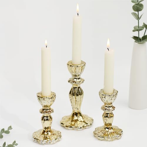 Candlestick Holders Set of 3, Gold Glass Mercury Candle Holders for Candlesticks, Table Centerpiece, Home Decor, Wedding, Birthday, Party, Christmas - color: Gold