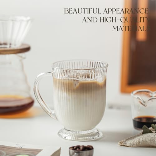 KEMORELA 16oz Ribbed Glass Coffee Mugs Set,Large Glass Mugs with Handle | 4-pack,Clear Thick glass,Wide base,Microwaves,Dishwasher safe,For Ice Coffee,Americano,Latte,Tea,Juice,Hot/Cold Beverages - color: Ribbed-4PCS