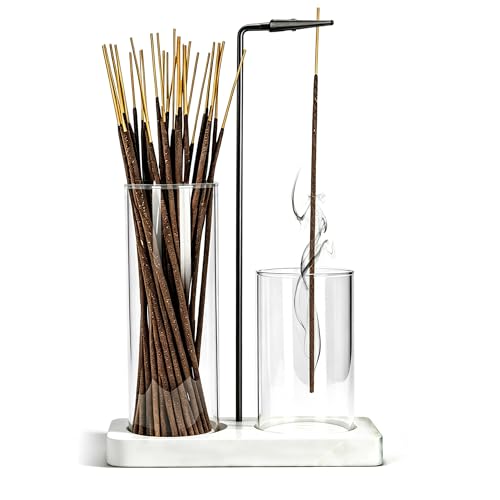 2 in 1 Incense Holder for Sticks Incense Burner Holder with Storage,Glass Upside Down Incense Holder for Sticks with Glass Ash Catcher for Meditation Yoga Spa Room Home Decor[White] - color: White, size: 1 tall 1 short glass