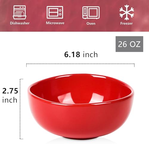 vicrays Ceramic Cereal Bowls Set - Porcelain 26 Ounce Soup Salad Bowls Set - Rice Dessert Cream Bowls Set - Chip Resistant Dishwasher Microwave Safe - Set of 6 (Red) - color: Red