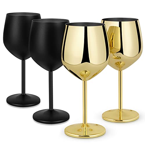Lifecapido Stainless Steel Wine Glasses Set of 4, 18oz Stainless Steel Wine Goblets, Metal Wine Glasses with Cup Brush for Party Office Wedding Anniversary, Great for Red White Wine, Gold and Black - color: Gold and Black