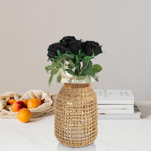 Baluue Decorative Glass Vase with Amber Inner Bottle and Woven Straw Cover, Small Tabletop Flower Arrangement Container for Home and Living Room Décor