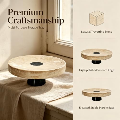 Large Natural Travertine Marble Pedestal Tray 10.2" x 10.2" x 4.3", Footed Decorative Stone Bowl, Coffee Table Centerpiece, Entryway Catchall Vanity Organizer Tray - size: 10.24*4.33in