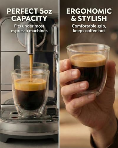 5oz Double Walled Espresso Cups, Set of 4 - Insulated Glass Coffee Mugs for Lungo, Double Espresso & Cappuccino - Clear Borosilicate Glassware Compatible with Nespresso & De'Longhi Machine