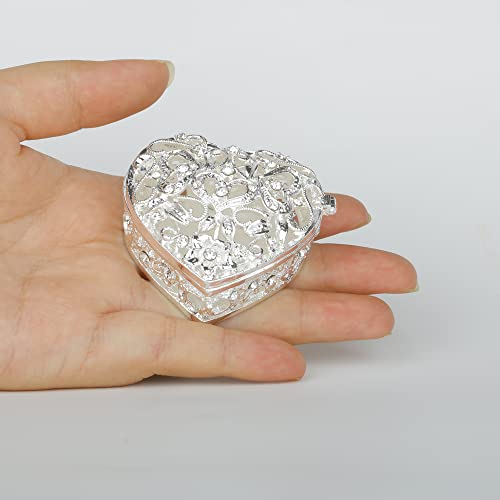 Silver Heart Jewelry Trinket Box Bejeweled Heart Box with Hollow Flower Figurines Jewelry Boxes Ring Holder - color: Silver_3