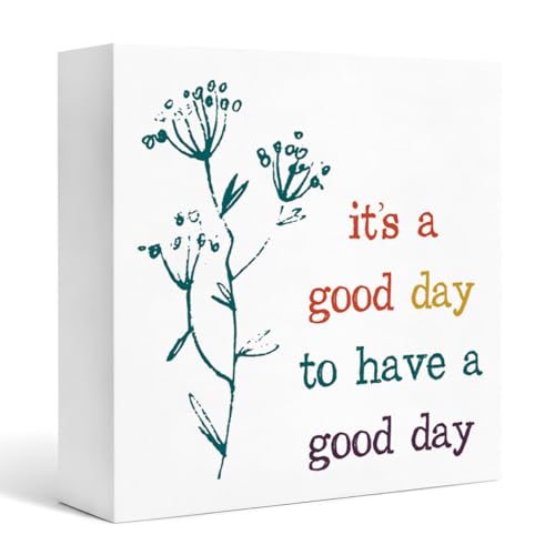 Rustic Tabletop Decor Wooden Box Sign 5x5 Inches, Floral “It’s A Good Day To Have A Good Day” White Wood Block Plaque, Farmhouse Shelf Desk Decoration for Bedroom Living Room Office - color: Homre Sign 36