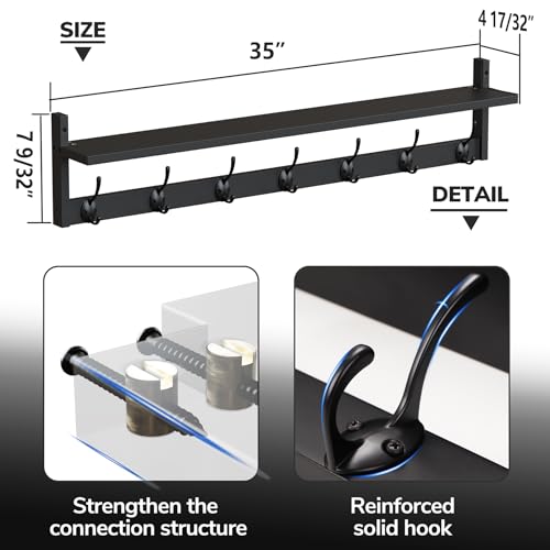 BAMEOS Wall Hooks with Shelf 35 Inch Length Entryway Hanging Shelf Wood Coat Hooks Wall-Mounted Coat Hook Rack with 7 Dual Hooks for Bathroom, Living Room, Bedroom (Black) - style: Black-35IN with shelf