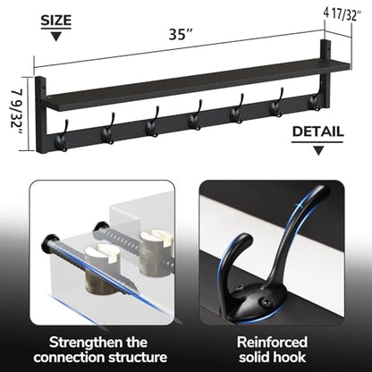 BAMEOS Wall Hooks with Shelf 35 Inch Length Entryway Hanging Shelf Wood Coat Hooks Wall-Mounted Coat Hook Rack with 7 Dual Hooks for Bathroom, Living Room, Bedroom (Black) - style: Black-35IN with shelf