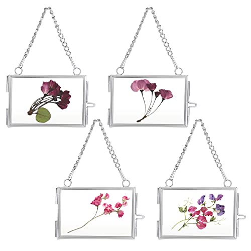 JUXYES Picture Frame, Set of 4 Mini Floater Frame, 3x2 inch, Brass, Glass, Silver, Wall Mount, Modern/Contemporary, Unisex Adult | 4 Pack Wallet Size Tiny Frame Ornament for Xmas Tree Party Wall Decor, Small Silver Brass Floating Display Frame with Chain