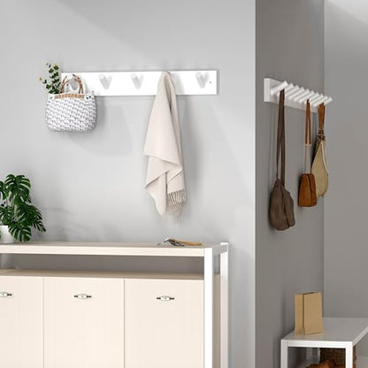 SKOLOO Coat Rack Wall Mount 17 inch, 5 Hooks, Bamboo, Shaker Style, White | Wooden hooks for wall, painted finish, 100-lb cap, entry/bath/bed, hanging backpack coat towel hat, 16" stud spacing - color: White, size: 17 inch