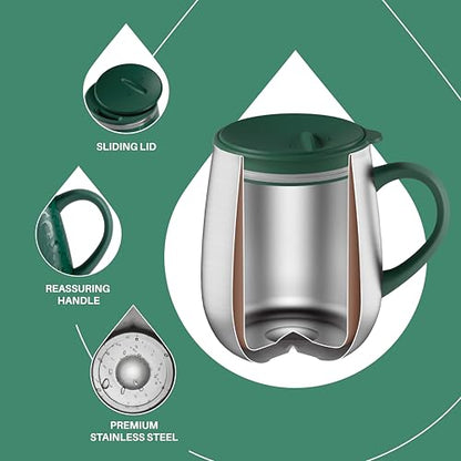 Ideus 16 oz Insulated Coffee Mug with Handle and Lid, Double Wall Stainless Steel Vacuum Thermal Coffee Mug, Travel Coffee Cup Thermal Cup for Home and Office (Leopard Green, FUJI DAWN) - color: Leopard Green