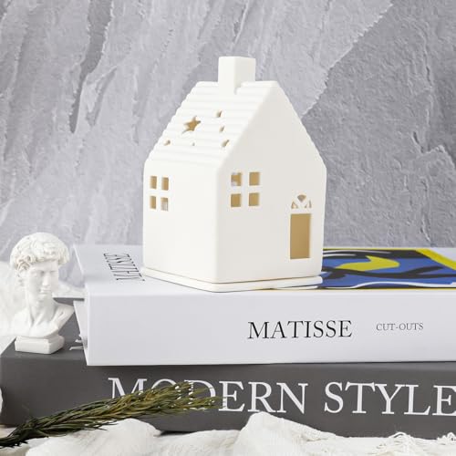 Tea Light House Ceramic White Removable Light House Made of Two Parts for LED Tea Light