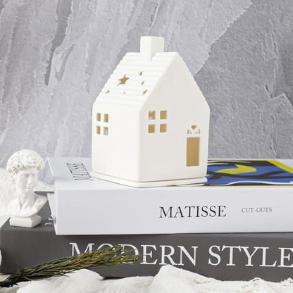 Tea Light House Ceramic White Removable Light House Made of Two Parts for LED Tea Light