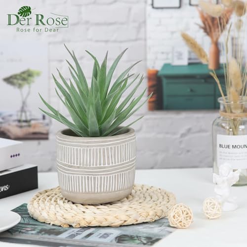 Der Rose 8.5" Fake Succulent Plant in Striped Ceramic Pot for Boho Decor | Small fake plants，sturdy cement planter, eco-friendly，suitable for bathroom bedroom office desk shelf boho decor
