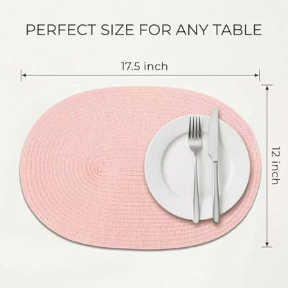 Placemats Set of 6, Woven Oval Braided Dining Table Mats(Blush Pink) | 12 x 17.5 Inch Size Fits Plates and Flatware; Hand Washable and Heat Resistant for Kitchen Use, with Farmhouse and Boho Style - color: Solid Pink, size: 6 pcs