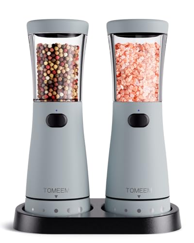 Electric Salt and Pepper Grinder Set with Storage Base, Stainless Steel Rechargeable Salt and Pepper Grinder Set with 4.5 oz Large Capacity, 1.8" Wide Mouth, Adjustable Coarseness, Ideal for Kitchen - color: Light Blue