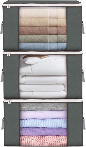 90L Large Storage Bags, 3 Pack Clothes Storage Bins Closet Organizers | Foldable Storage Containers, with Reinforced Handle, for Clothing, Blanket, Comforters, Bed Sheets, Pillows and Toys - color: Grey, size: 3 Pack