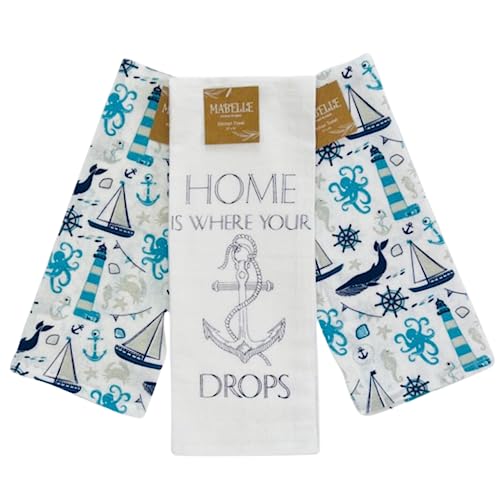 Summer Kitchen Dish Towel Set: Two Lighthouse Ocean Life Design, One Home is Where Your Anchor Drops Set of 3 (Coastal) - color: Coastal Anchor