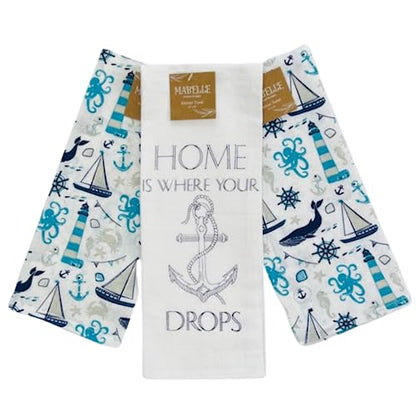 Summer Kitchen Dish Towel Set: Two Lighthouse Ocean Life Design, One Home is Where Your Anchor Drops Set of 3 (Coastal) - color: Coastal Anchor
