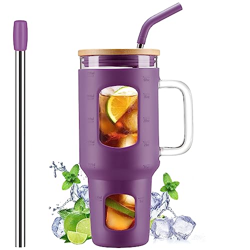 WINSA Glass Tumbler with Straw and Lid, Dark Purple, 40 oz | Iced Coffee Cup with Handle, Glass Water Bottles with Time Marker, Silicone Sleeve - color: Dark Purple, size: 40 Ounces