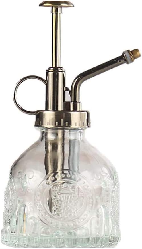 Glass Plant Mister Spray Bottle，6.3 Inches Tall Vintage Style Bronze Plastic Top Pump，One Hand Watering Can for Indoor Outdoor House Plant (White)