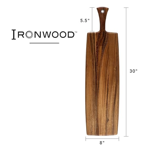 Ironwood Acacia Wood Provencale Paddleboard, XL Rectangular Serving Board | 30" Long With Handle, 24.5" x 8" Serving Surface | Beautiful Acacia Wood Charcuterie Board | XL Centerpiece Board With Handle - size: 30"L x 8"W
