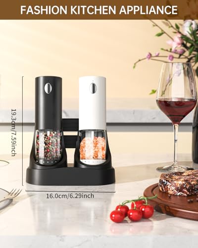 CIRCLE JOY Electric Salt and Pepper Grinder Set Automatic Salt and Pepper Mills Set with Easy-to-Carry Charging Base and LED Light, USB Rechargeable, Upgrade External Adjustable Coarseness - color: White&Black