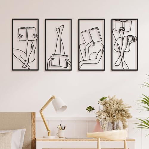 Bakovity Black Metal Wall Art, Minimalist Line Wall Decor, Abstract Woman Book Wall Decor, Modern Aesthetic Metal Art for Bedroom Bathroom Living Room (4 Pcs, 17 x 9 in) - color: Black Book